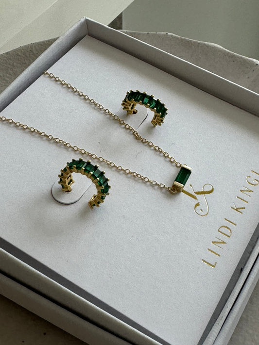 Emerald Baguette Huggies| Gold