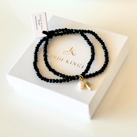 Beaded Bracelet Set | Black w Lightning bolt & Pearl