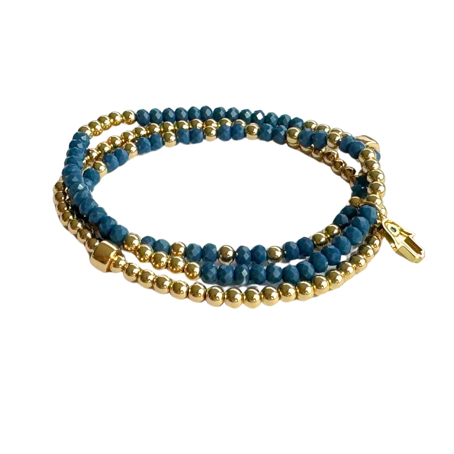 Beaded Bracelet Set | Denim Double Wrap and Gold