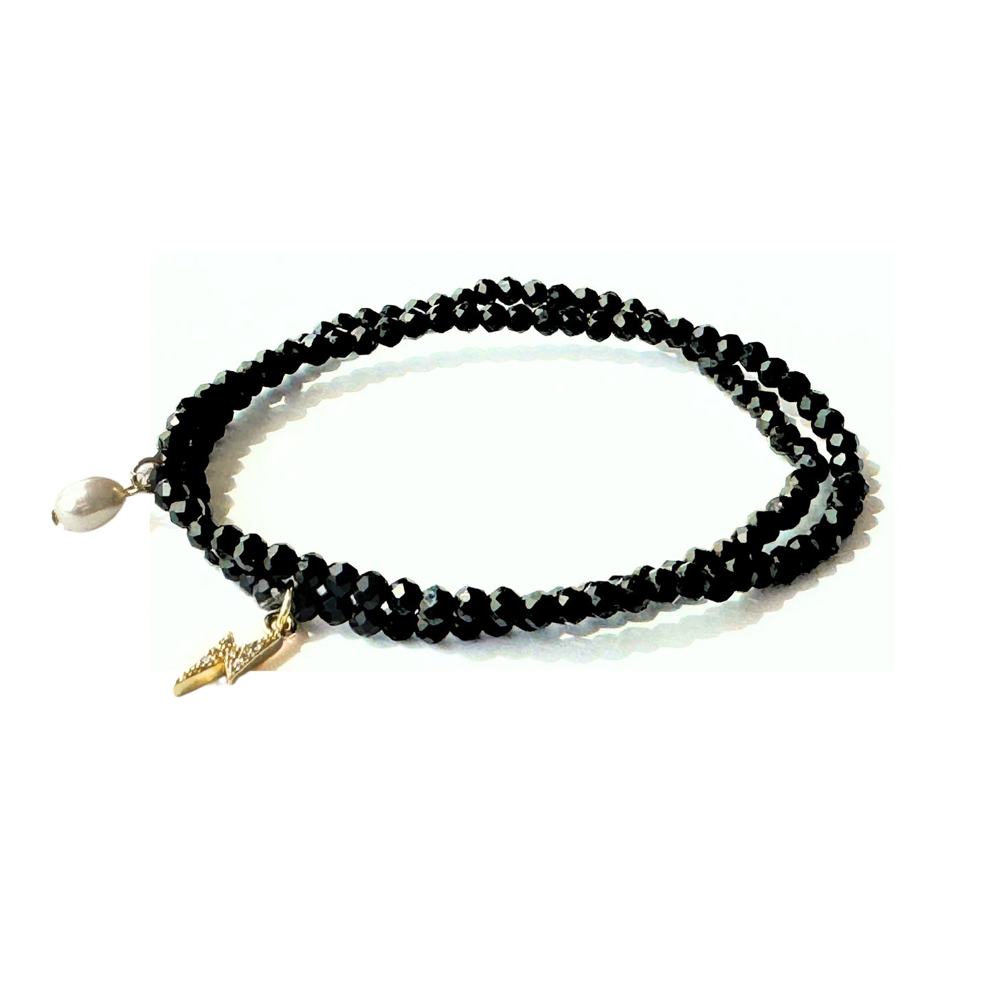Beaded Bracelet Set | Black w Lightning bolt & Pearl