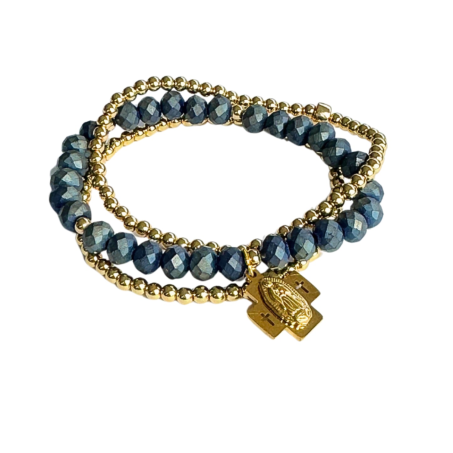 Beaded Bracelet Set | Ink and Gold w double cross charm