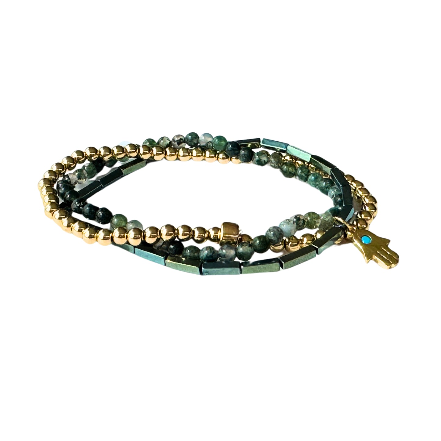 Beaded Bracelet Set | Moss Agate | Gold