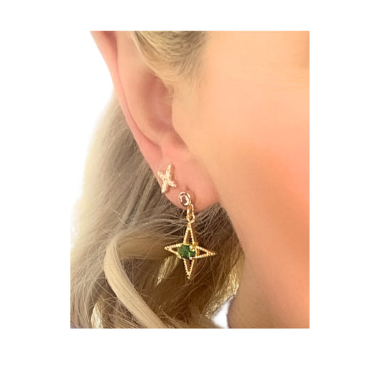 Byzantine Romance - Star Romance Earrings | Gold w Clear & Emerald zirconia