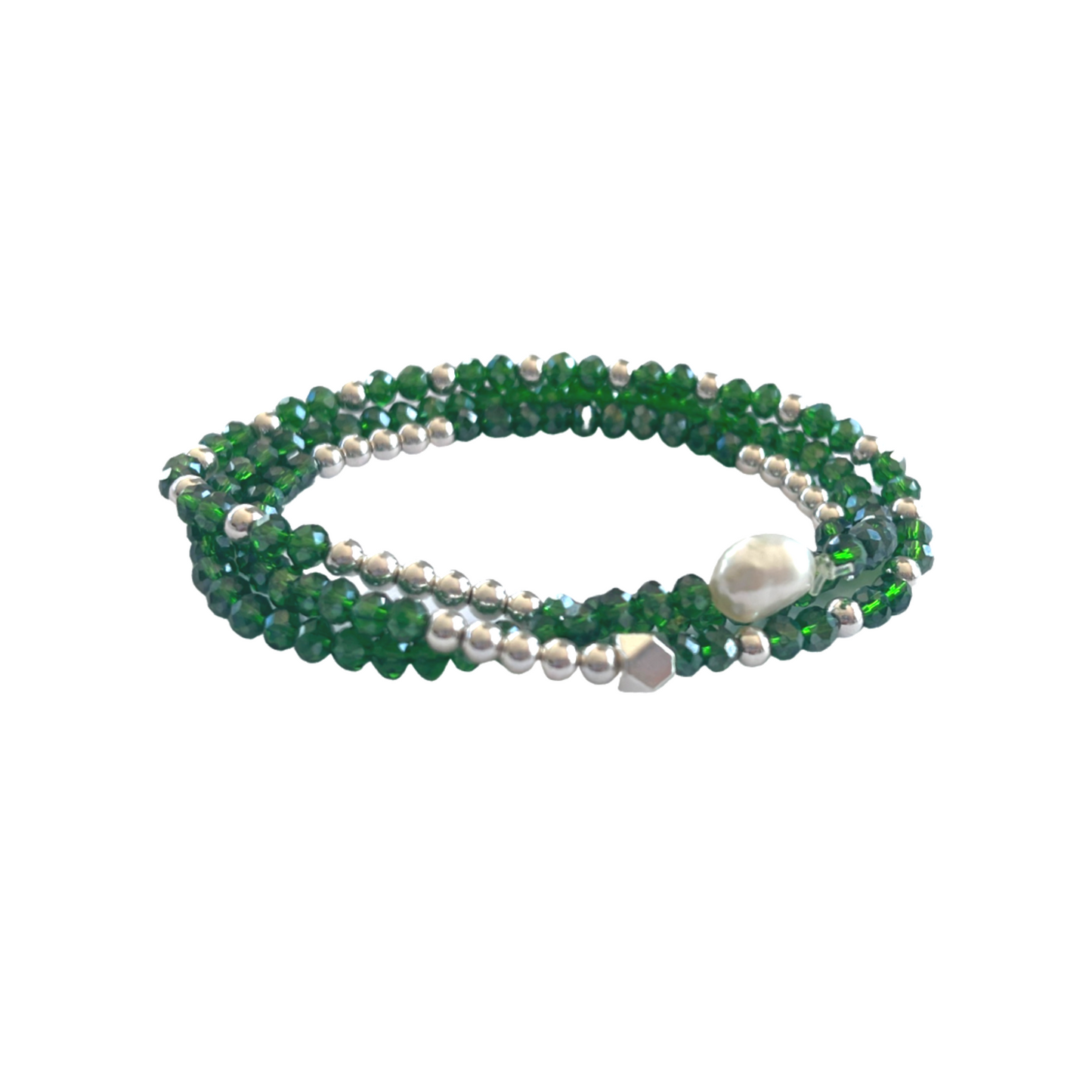 Beaded Bracelet Set | Emerald, Pearl and Silver