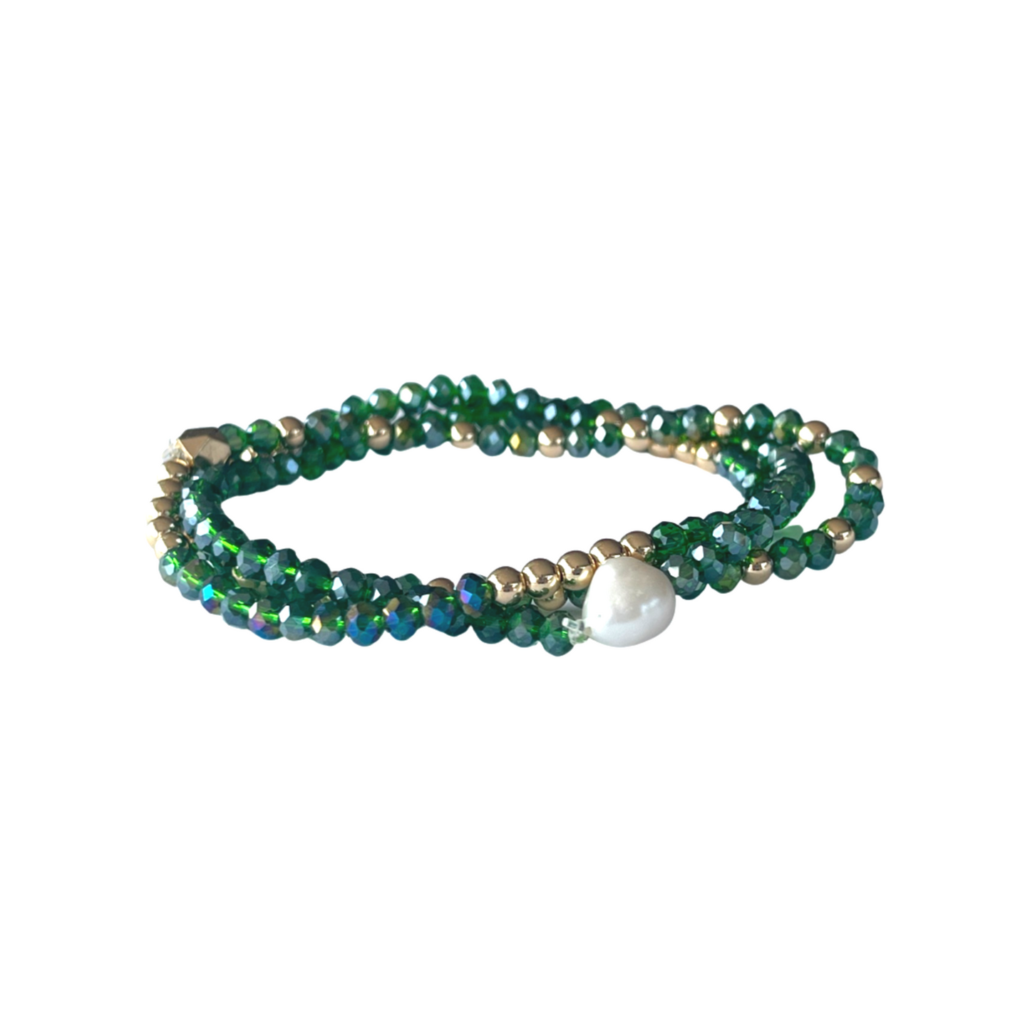 Beaded Bracelet Set | Emerald, Pearl and Gold