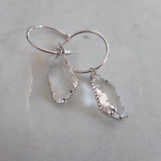 Clear Hoop Drop Earrings - Silver