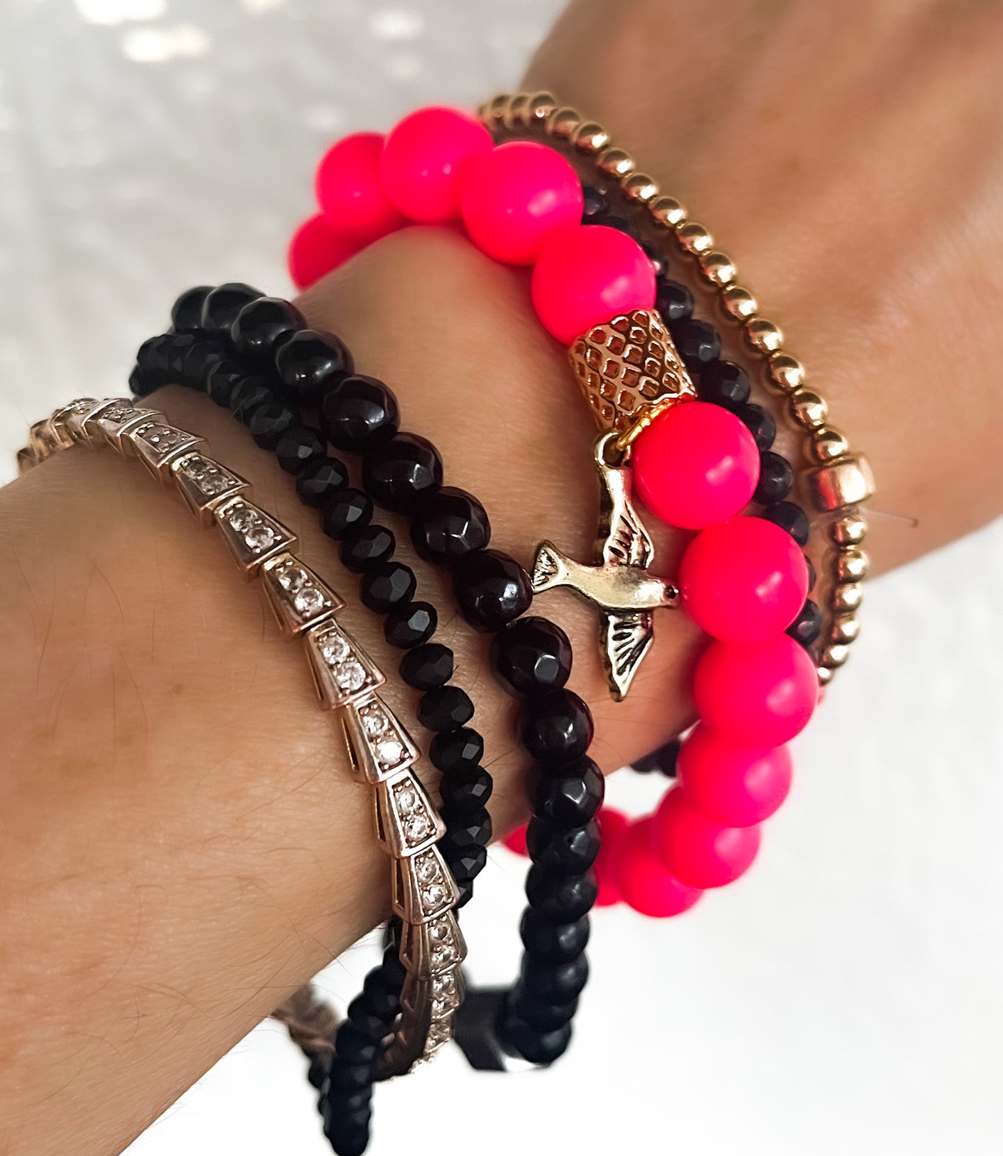 Beaded Bracelet Set | Hottie Pink and Gold Bracelet