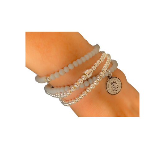 Beaded Bracelet | Silver and Matt Grey - With Charm