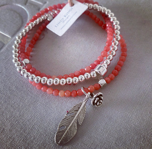 Beaded Bracelet Set | Summer Coral with Silver charms