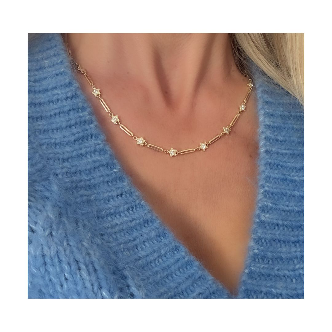 Paperclip and Embellished Star Necklace| Gold
