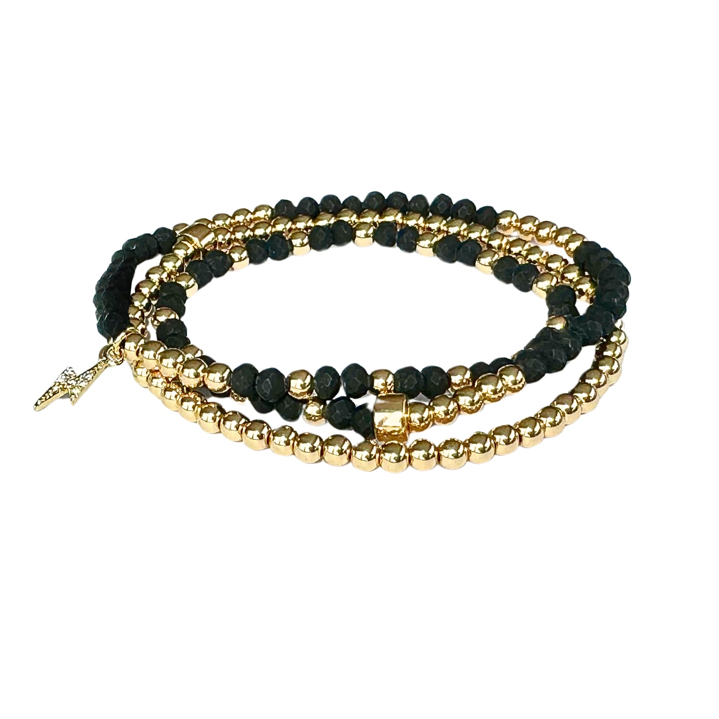 Beaded Bracelet Set  | Matte Black Double Wrap and Gold