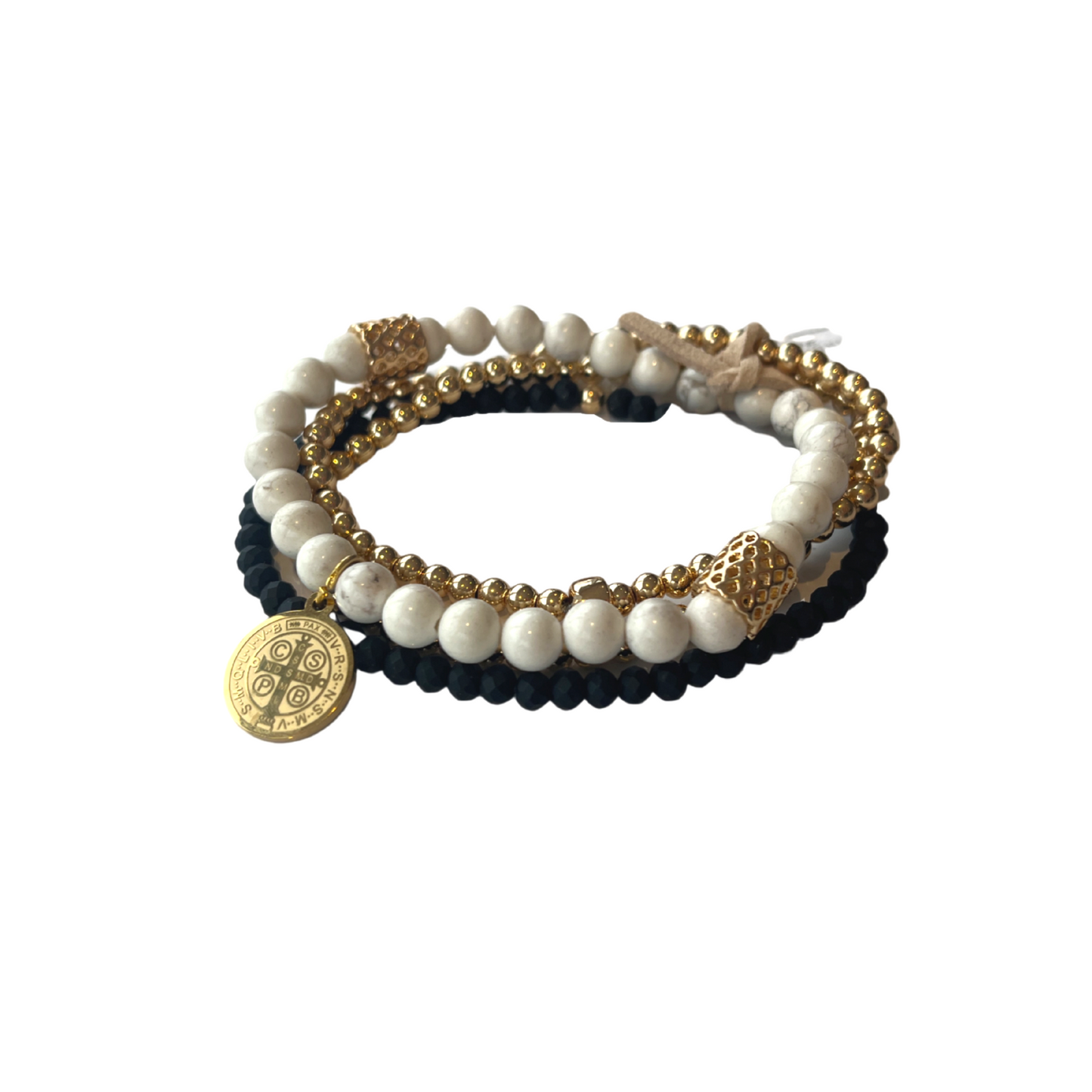 Beaded Bracelet |  Gold and Black with Cream Howlite with Charm