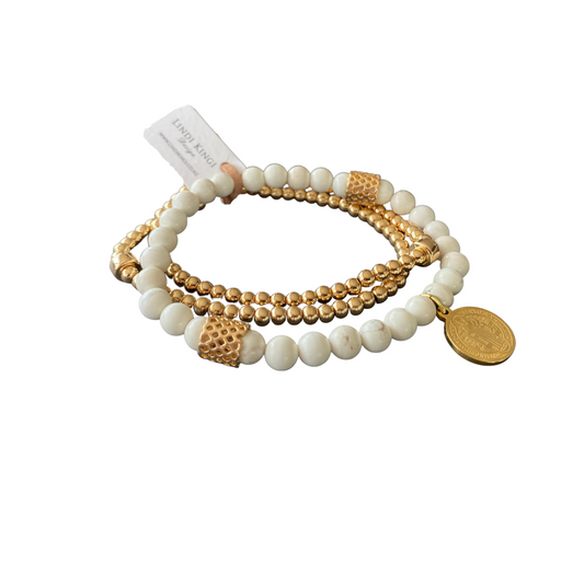 Beaded Bracelet | Cream and Gold Howlite with Charm