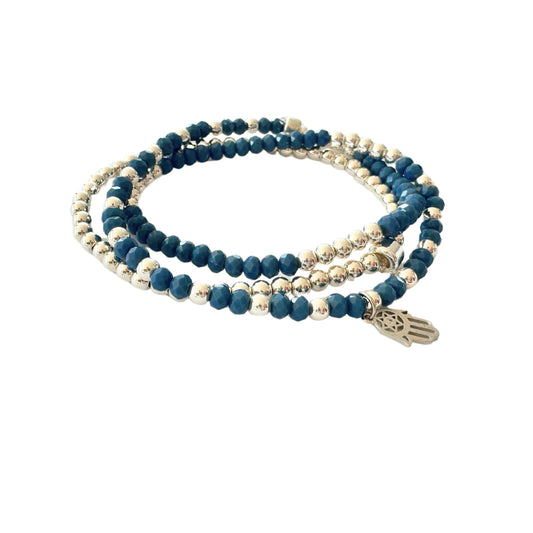 Beaded Bracelet Set  | Denim Double Wrap and Silver