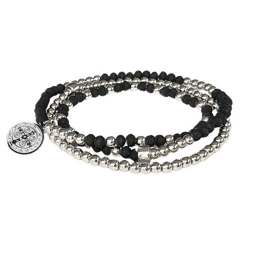 Beaded Bracelet Set  | Matte Black Double Wrap and Silver