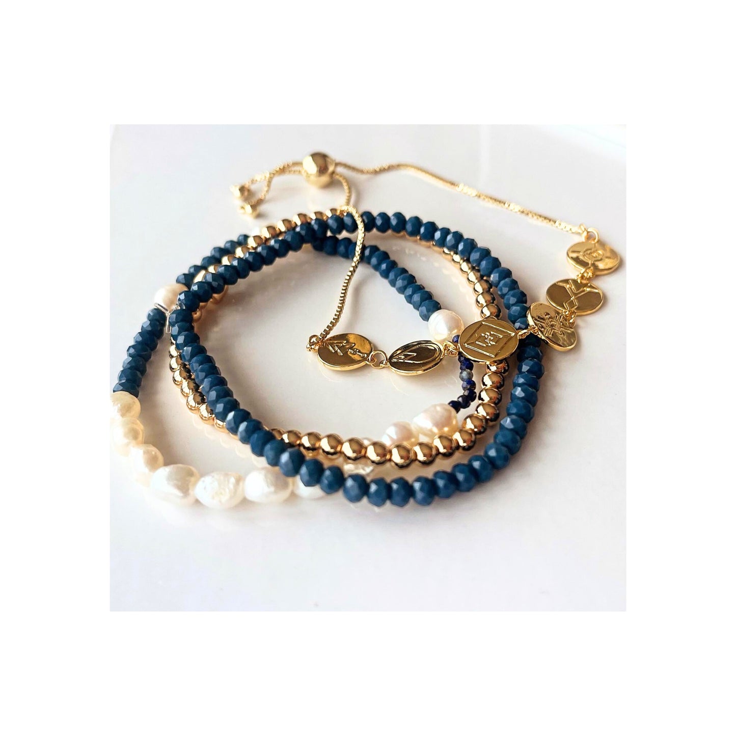 Beaded Bracelet Set| Baroque Pearl, Blue and Gold