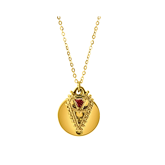 Byzantine Romance - Hearts and Lovers Necklace |Gold w Ruby Red stone