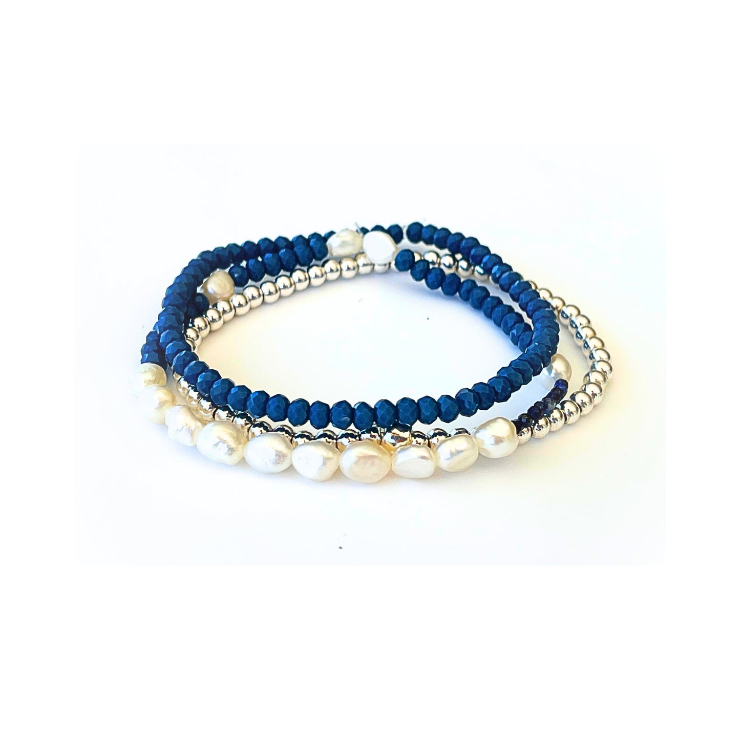 Beaded Bracelet Set  | Baroque Pearl, Blue and Silver