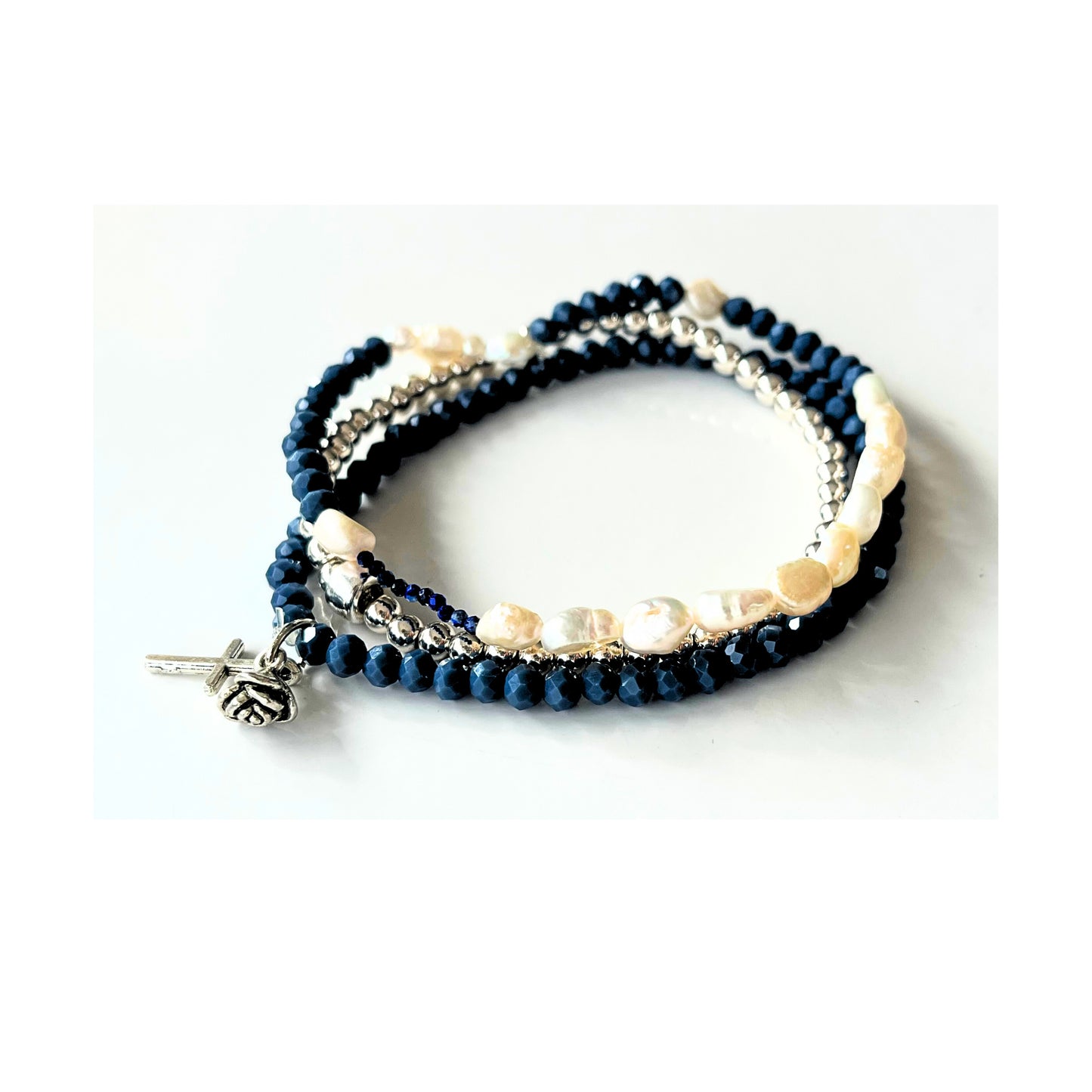 Beaded Bracelet Set  | Baroque Pearl, Blue and Silver