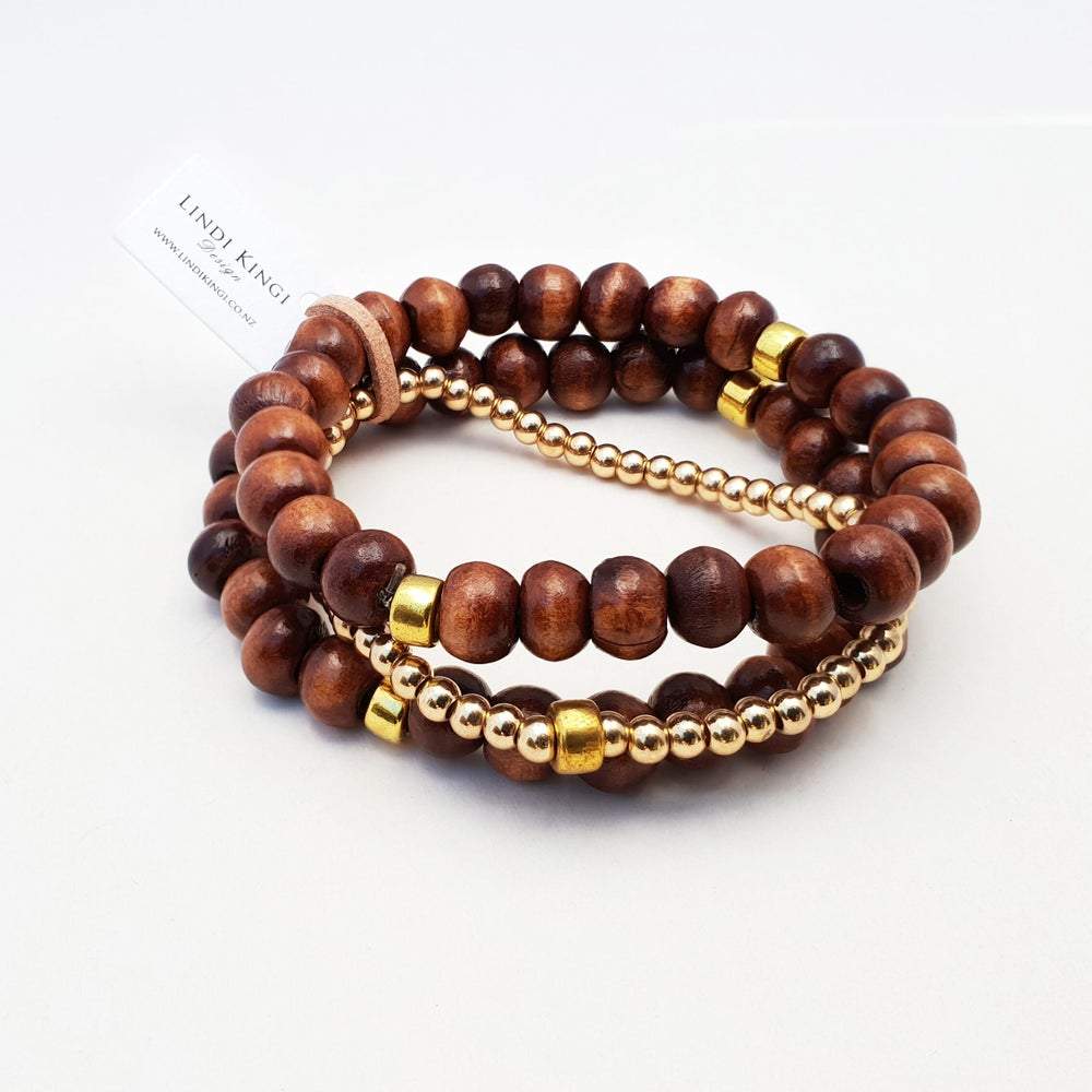Triple Wooden Bracelet Set | Caramel and Gold by Lindi Kingi Design shop online now