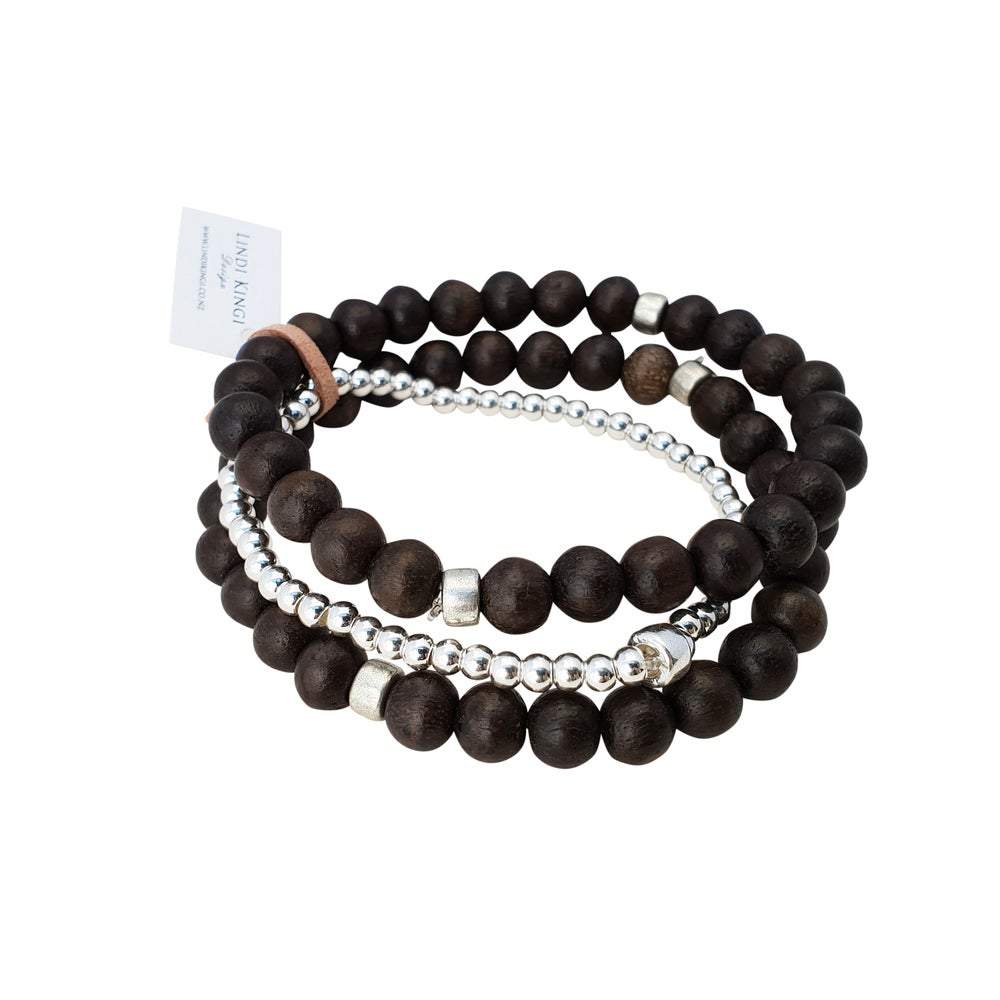 Triple Wooden Bracelet Set | Chocolate and Silver by Lindi Kingi Design shop online now