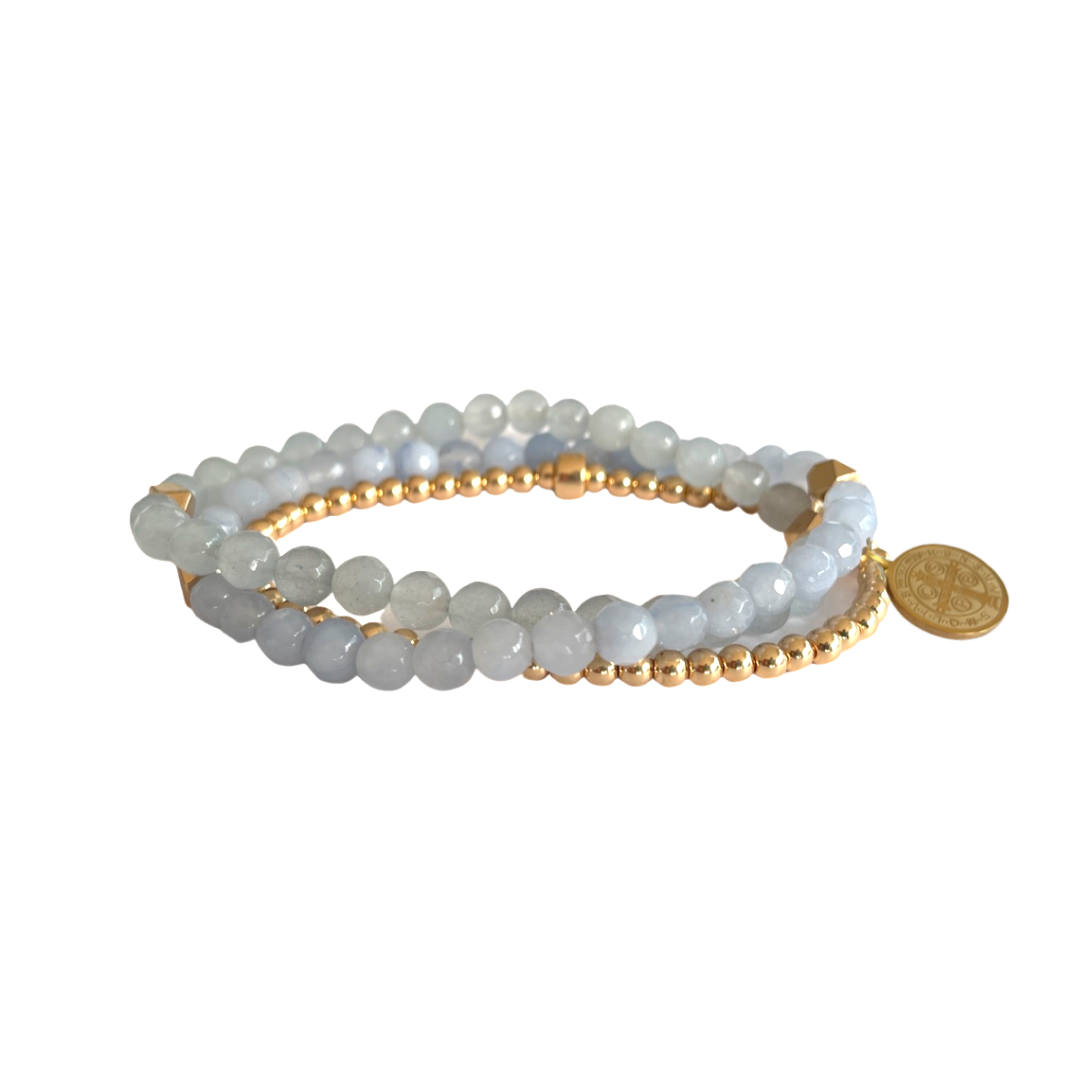 Beaded Bracelet Set  | Blue Mist and Gold