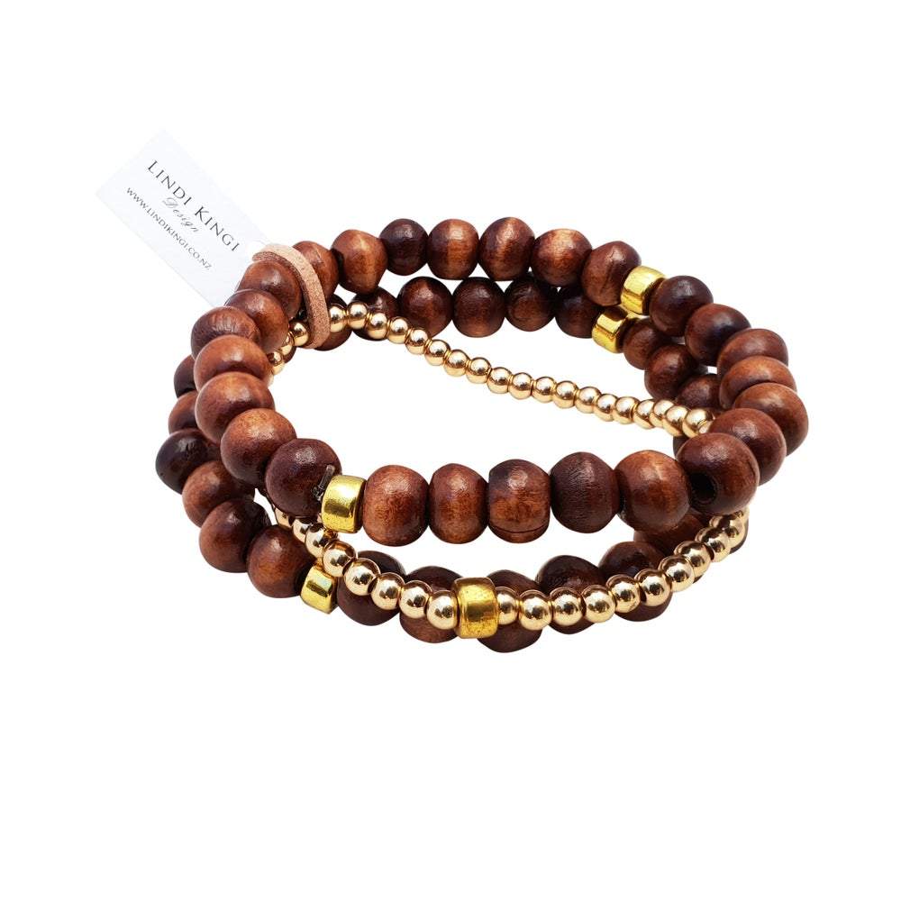 Triple Wooden Bracelet Set | Caramel and Gold by Lindi Kingi Design shop online now