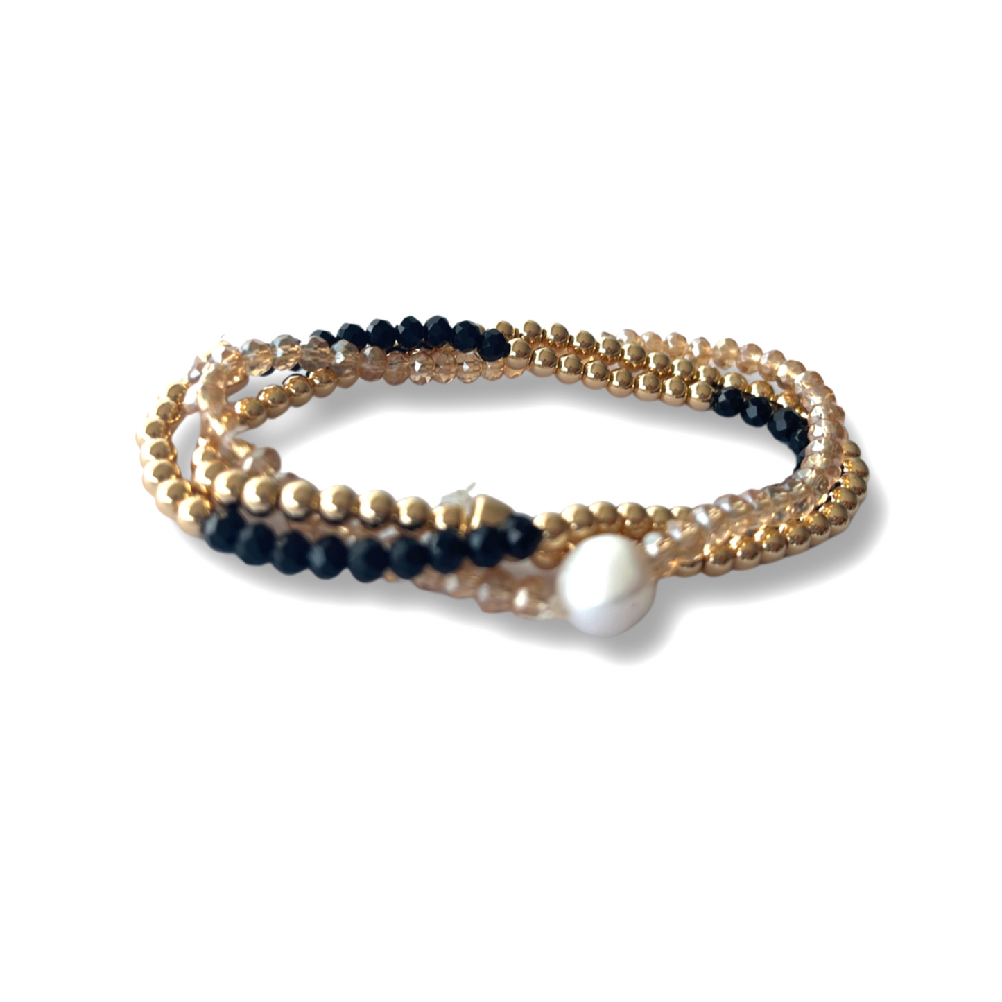 Beaded Bracelet Set | Champagne Pearl Black and Gold