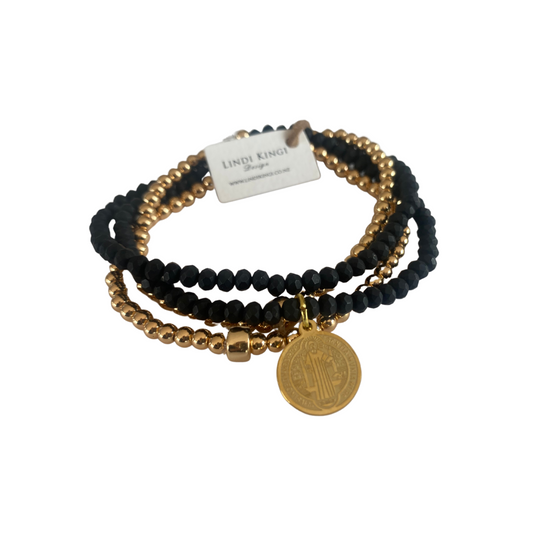 Beaded Bracelet |  Gold and Matt Black - With Charm