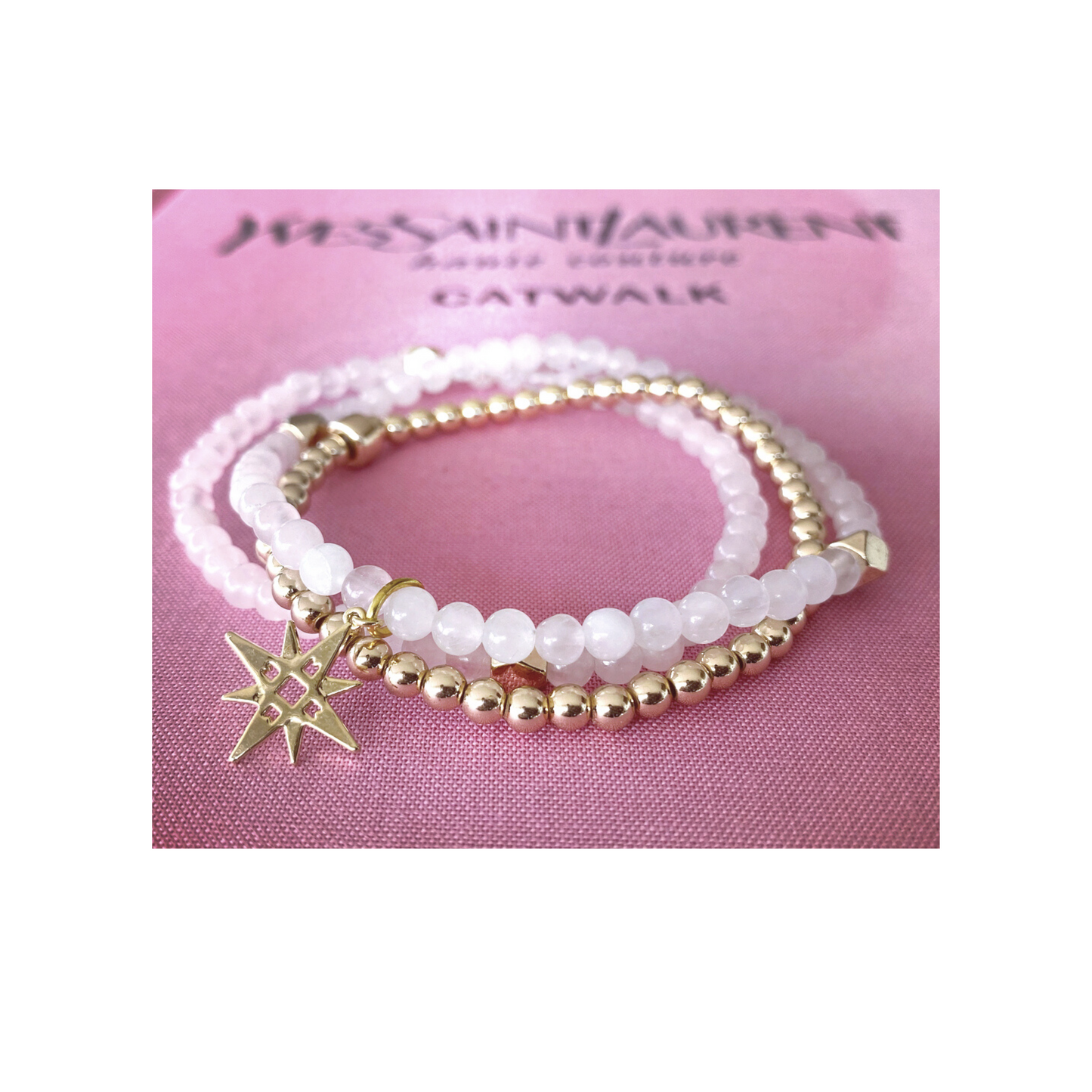 Lightest Rose Quartz and Gold Bracelet set with Star Charm