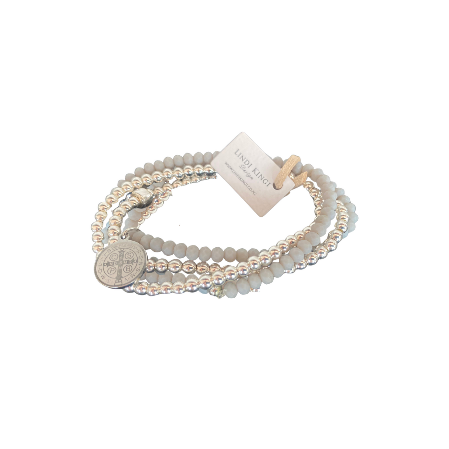 Beaded Bracelet |  Silver and Matt Grey - With Charm