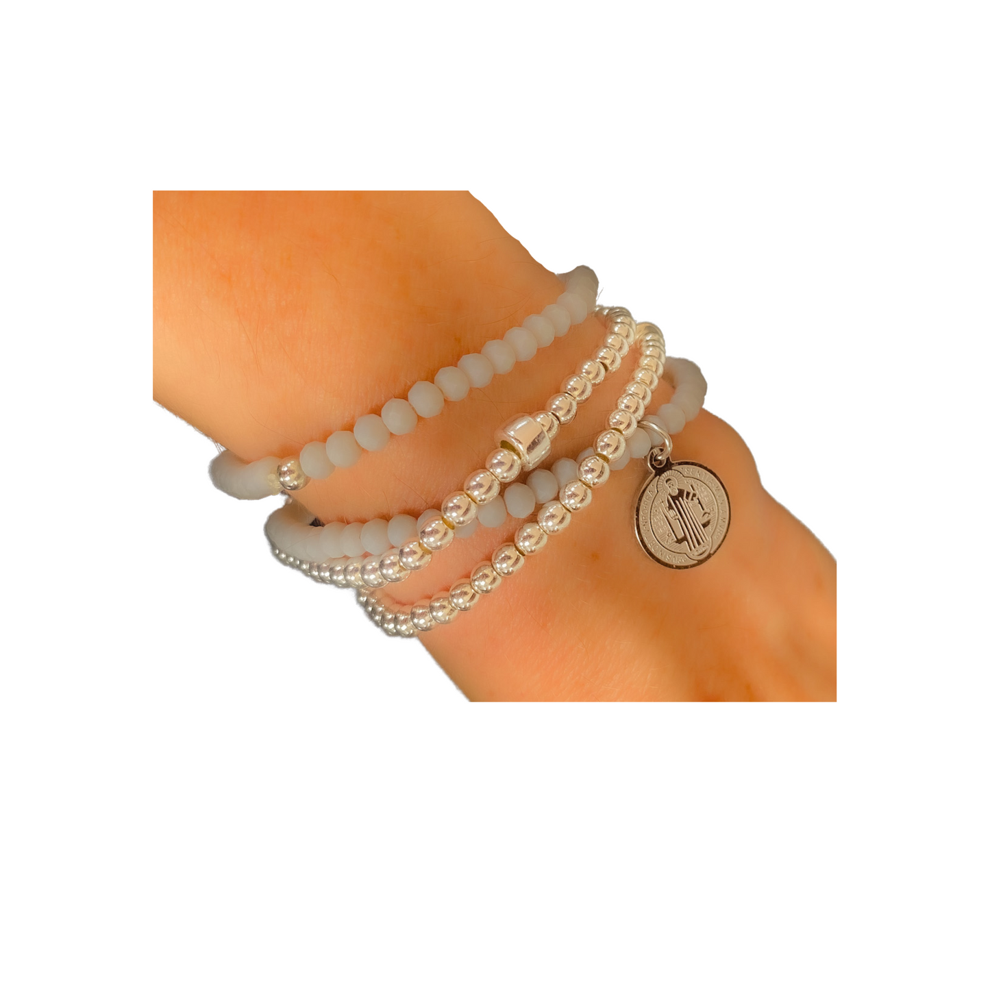 Beaded Bracelet |  Silver and Matt Grey - With Charm