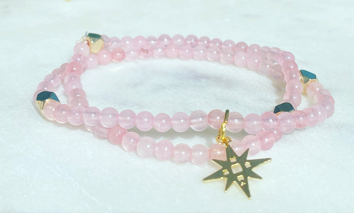 Blush Rose Quartz and Gold Bracelet set with Star Charm